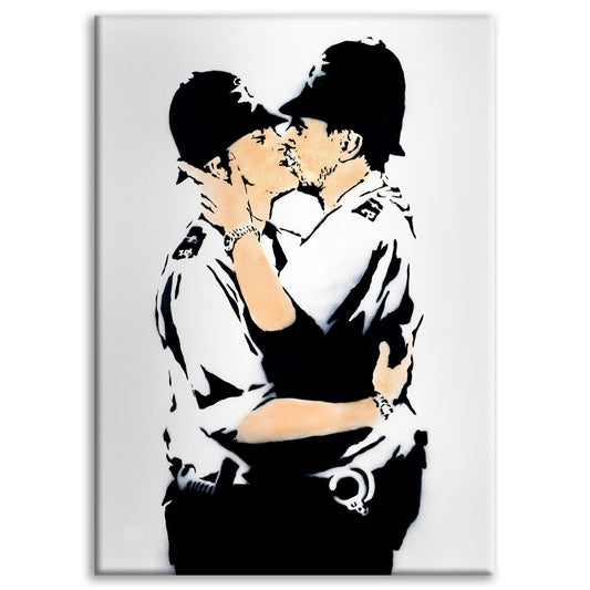 Kissing Policeman - Banksy - Quadro stampato su Canvas e montato su telaio in legno - PlastiWood